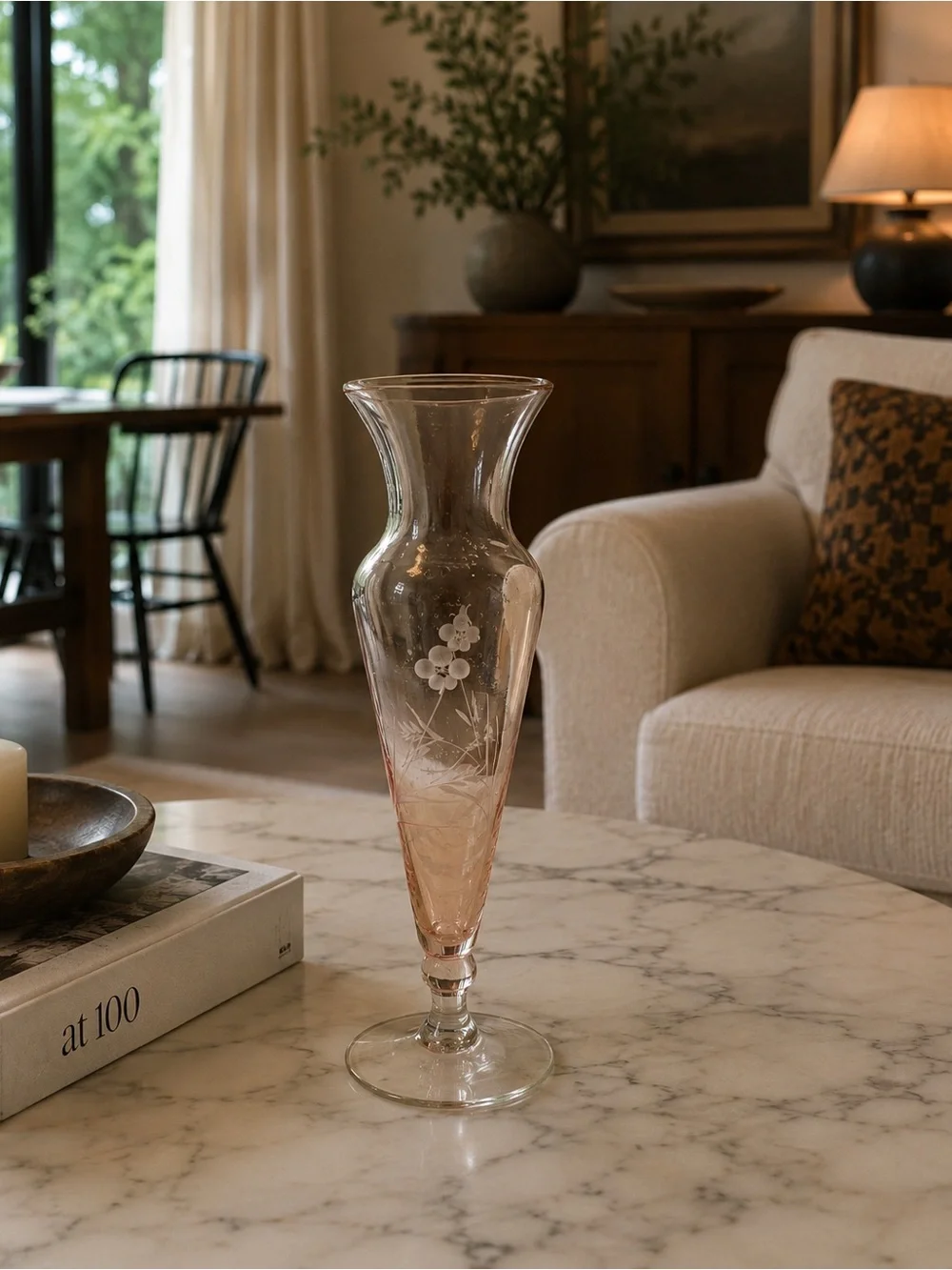 Vintage Delicate Pink Etched Glass Vase - Brand